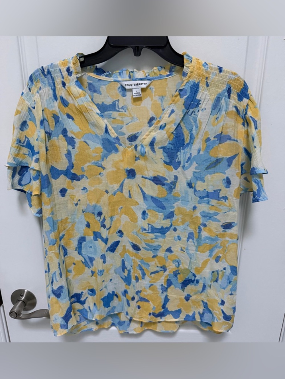 Counterparts Floral V-Neck Flutter Short Sleeve Top in Yellow &  Blue,Size Large
